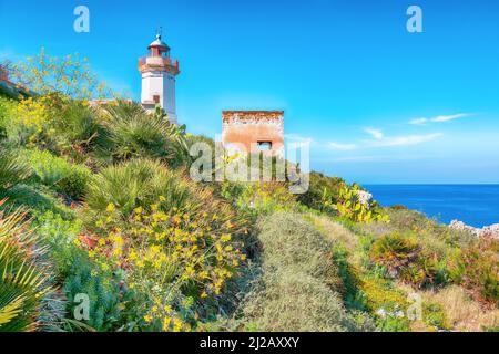 Stunning sunny day over Capo Zafferano Lighthouse. Popular travel destination of Mediterranean sea. Location: Santa Flavia, Province of Palermo, Sicil Stock Photo