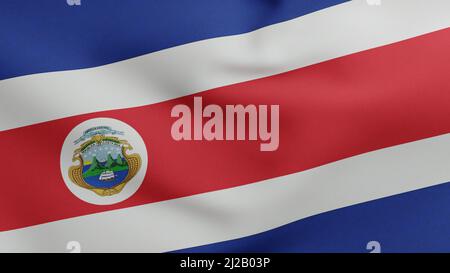National flag of Costa Rica waving 3D Render, Republic of Costa Rica flag textile, designed by Pacifica Fernandez and includes coat of arms of Costa Stock Photo