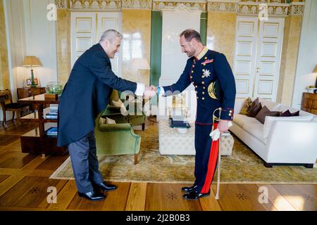 Oslo, Norway. 31st Mar, 2022. Oslo 20220331.Crown Prince Haakon receives Azerbaijan's new ambassador, Zaur Ahmadov, for a solemn audience at the Palace in Oslo Photo: Stian Lysberg Solum/NTB Credit: NTB Scanpix/Alamy Live News Stock Photo