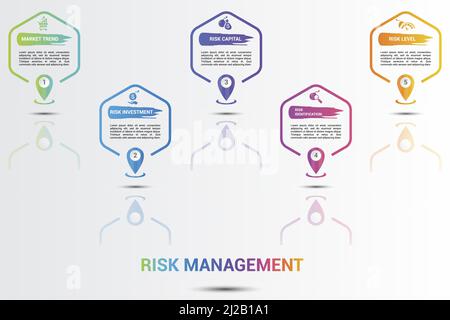 Infographic Risk Management icons vector illustration. 5 colored steps info template with editable text. Stock Vector