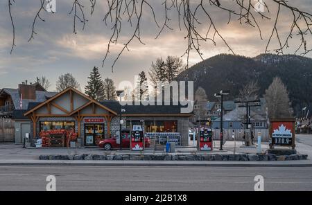 Banff, Alberta, Canada – March 30, 2022:  Exterior view of the “Petro-Canada” service station in the town’s downtown Stock Photo