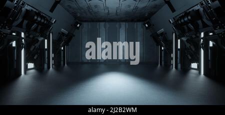 Empty Cyber Virtual Reality Futuristic Industrial Room Innovative Dark Grey Colors Sci Fi Background Concept Art Technology 3D Rendering Stock Photo