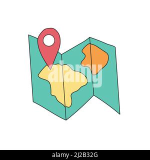 Hand drawn vector map for traveling with geotag in doodle style. Folded paper map with a route and map pointer, GPS location symbol isolated on white Stock Vector