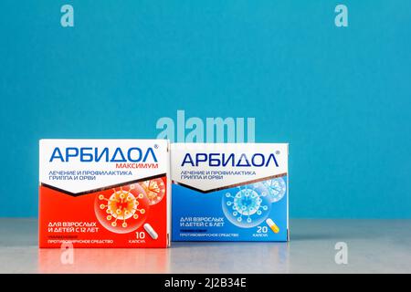 Krasnodar, Russia - February 23, 2022: Boxes with the antiviral drug Arbidol for the treatment and prevention of influenza, SARS and Coronavirus infec Stock Photo