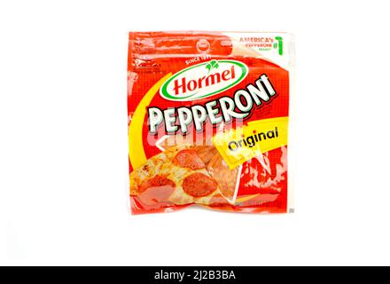 Package of Hormel Brand Sliced Pepperoni Isolated on White Background with Copy Space Stock Photo