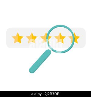 Vector image - magnifying glass and rating stars icon, search by rating. Flat style on white background. Reviews concept. Service quality assessment Stock Vector