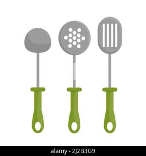 Three vector illustration with soup ladle, kitchen spatula, spoon with lot of holes, green handles. Cartoon on white. Kitchenware. Cooking concept Stock Vector
