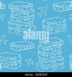 Travel and tourism seamless pattern. Blue background with suitcases and planes. White luggage silhouettes. Template for design, fabric and print vecto Stock Vector