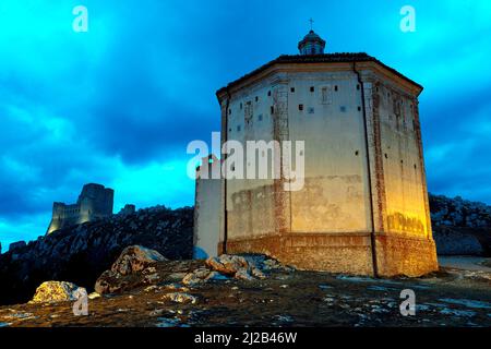 Italy, Abruzzo region, February 25, 2022 : (L) The castle of Rocca Calascio and the church of Santa Maria della Pietà in Abruzzo, province of L'Aquila Stock Photo