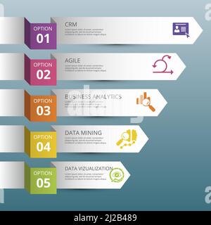 Infographic Business Intelligence icons vector illustration. 5 colored steps info template with editable text. Stock Vector