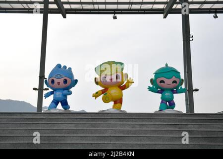 Hangzhou. 29th Mar, 2022. Photo taken on March 29, 2022, shows Chenchen, Congcong and Lianlian (from L to R), mascots of the 19th Asian Games Hangzhou 2022, in Tonglu Equestrian Centre, Hangzhou, east China's Zhejiang Province. Credit: Huang Zongzhi/Xinhua/Alamy Live News Stock Photo