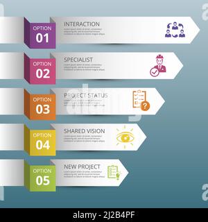 Infographic Management icons vector illustration. 5 colored steps info template with editable text. Stock Vector