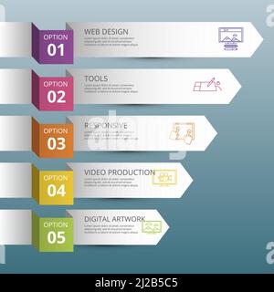 Infographic Web Design icons vector illustration. 5 colored steps info template with editable text. Stock Vector