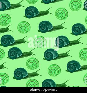 Seamless pattern with green grape snails in a shell on a green background Stock Vector