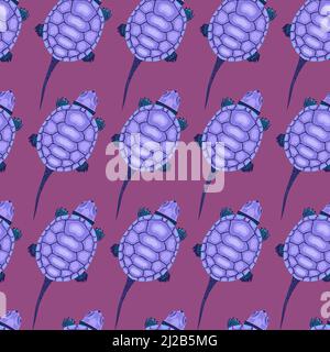 Seamless pattern with purple swamp turtles on a pink background Stock Vector