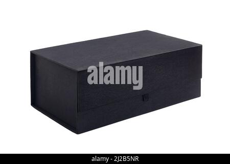 Cardboard box covered with black fabric, close-up, isolated on a white background Stock Photo