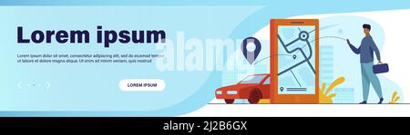 Customer using online app for taxi order or car rent. Man searching cab on city map. Vector illustration for car sharing service, city transportation, Stock Vector