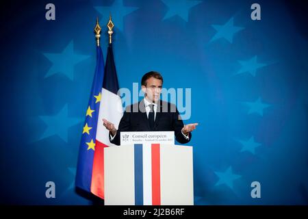 Belgium, Brussels, October 22, 2021: President of the French Republic Emmanuel Macron attending a press conference for the European Council meeting Stock Photo