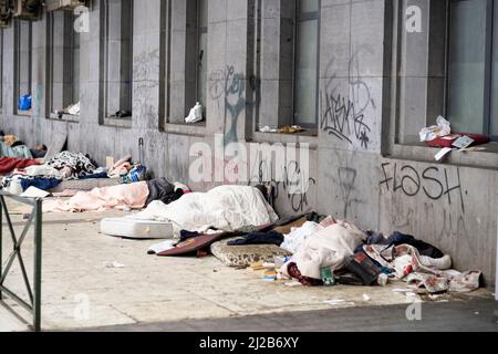 Homeless persons sleeping under a bridge close to the Brussels-South railway station, Belgium Stock Photo