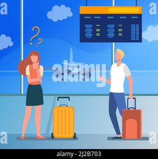 Man and woman standing in airport and choosing direction. Flight, plane. Flat vector illustration. Traveling concept can be used for presentations, ba Stock Vector