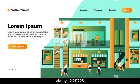 Department store interior with customers. People shopping in city mall, walking through building halls past windows, carrying bags. For market, sale, Stock Vector