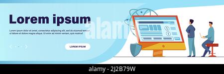 Developers testing software. Man with laptops watching infographics, fixing bugs, using computer. Vector illustration for application, programming, co Stock Vector
