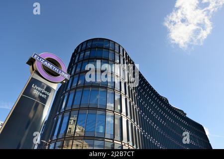 100 Liverpool Street and Elizabeth line underground sign, Broadgate Centre, City of London, United Kingdom Stock Photo