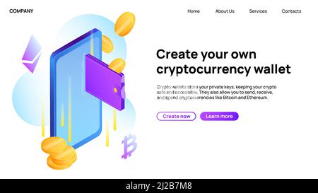 Cryptocurrency wallet service. Creative Landing Website Page. Vector illustration Stock Vector