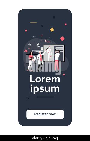 Senior professor lecturing students group in classroom. Grey haired doctor pointing at body silhouette, explaining human anatomy. Vector illustration Stock Vector