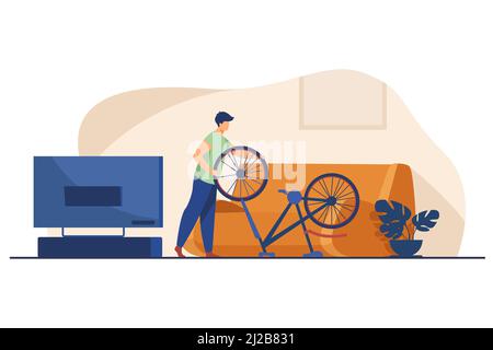 Man repairing bicycle at home. Wheel, sofa, living room flat vector illustration. Transport and maintenance concept for banner, website design or land Stock Vector