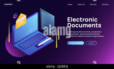 Electronic Documents service. Creative Landing Website Page. Vector illustration Stock Vector