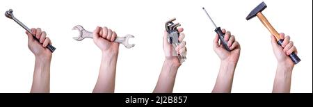 Male hands with different repair tools on white background. Collage of hands with hand tools. Stock Photo