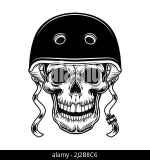 Skull of biker vector illustration. Head of character in helmet for riding motorcycle. Lifestyle concept for racing or bikers club badge, tattoo templ Stock Vector