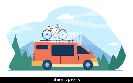 Minivan with bike on top moving in mountain. Vehicle, transport, bicycle trip flat vector illustration. Outdoor activity, adventure travel concept for Stock Vector