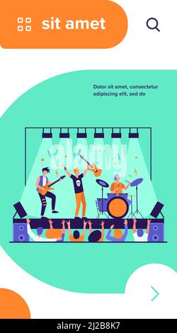 Famous rock band playing music and singing at stage flat vector illustration. Cartoon crowd of people standing near scene and waving hands. Concert an Stock Vector