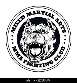 Fight club emblem with angry dog. Kickboxing and fighting club logo with angry dog. Isolated vector illustration. Sport, boxing and mixed martial arts Stock Vector