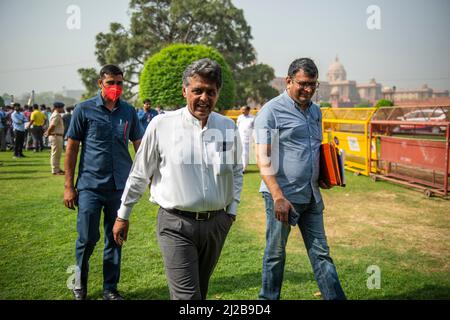 New Delhi, India. 31st Mar, 2022. Manish Tewari (2nd R) Congress leader attends during the demonstration. Congress party is an India's second largest political party after Bhartiya Janta Party, Congress party protested against fuel price hike in India at Vijay Chowk, Rahul Gandhi congress party leader also joined the protest. (Photo by Pradeep Gaur/SOPA Images/Sipa USA) Credit: Sipa USA/Alamy Live News Stock Photo