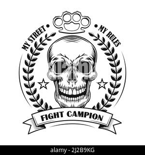 Street fight champion vector illustration. Skull of competition winner with award decoration and text. Fight club concept for community emblems or bad Stock Vector