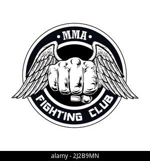 Fight club label with fist and wings. Boxing and fighting club logo with fist. Isolated vector illustration. Sport, kickboxing, mixed martial arts and Stock Vector