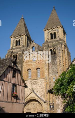 Conques (south of France): the Abbey Church of Sainte-Foy, on the Way of St James (or Camino de Santiago de Compostella). The building is registered a Stock Photo