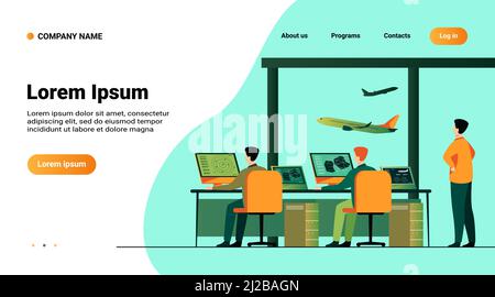 Flight control center isolated flat vector illustration. Cartoon airport command room or tower for fly track controlling. International transportation Stock Vector