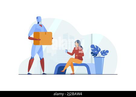 Robot delivering parcel to woman flat vector illustration. Hi-tech, service, future. Robotic delivery concept can be used for presentations, banner, w Stock Vector
