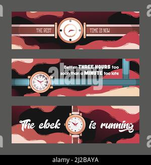 Stylish banners with watches vector illustration. Vivid graphic elements on background and impressive text. Time management concept. Template for prom Stock Vector