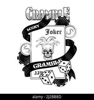 Gangster casino skull flat image. Vintage logotype, sticker, print with playing cards, joker, hat, money, dice. Vector illustration for poker club lab Stock Vector