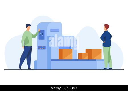 Storehouse employee operating conveyor machine. Men watching carton boxes moving on belt flat vector illustration. Logistics, shipment concept for ban Stock Vector