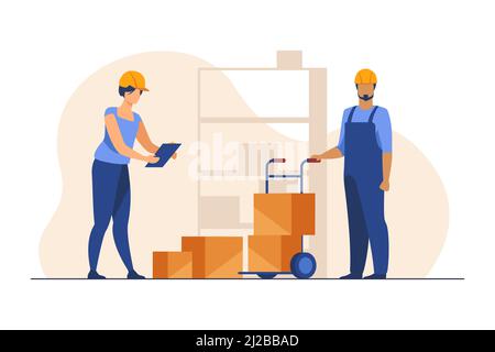 Storehouse workers keeping records of boxes. Warehouse employees in helmets with packages flat vector illustration. Logistics, shipment concept for ba Stock Vector
