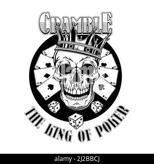 Gangster casino skull. Vintage logotype, sticker, print with playing cards, crown, top hat, dice. Vector illustration for poker club labels, gambling Stock Vector