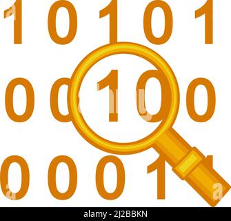 Yellow search in binary code icon. One and zero in magnifying glass. Big data analysis. Vector illustration for web site or application Stock Vector