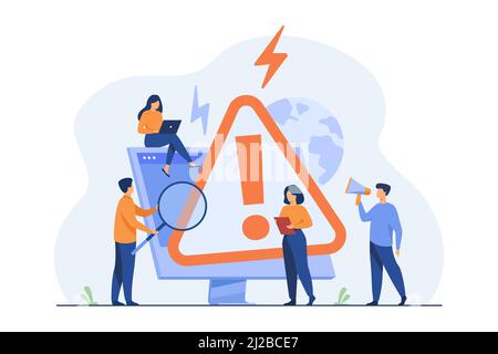 Tiny people examining operating system error warning on web page isolated flat vector illustration. Cartoon mistake and alert on website. Computer dia Stock Vector