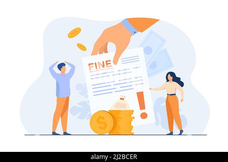 Tiny people getting paper sheet with fine flat vector illustration. Cartoon characters paying traffic bill, municipal tax or parking fee as penalty fr Stock Vector